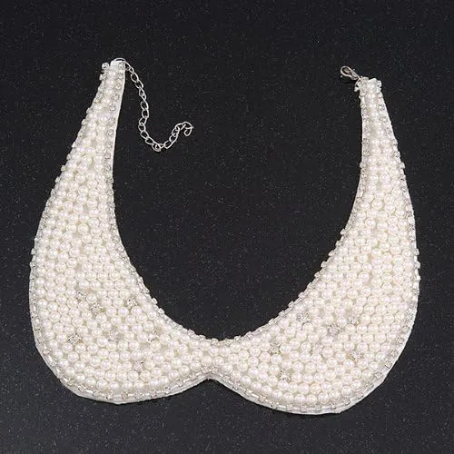 Vista 3 de Avalaya Collar de Peter Pan de fieltro de cristal de imitación de perlas blancas en chapado en plata, 11.0 in de longitud2.8 in de extensión