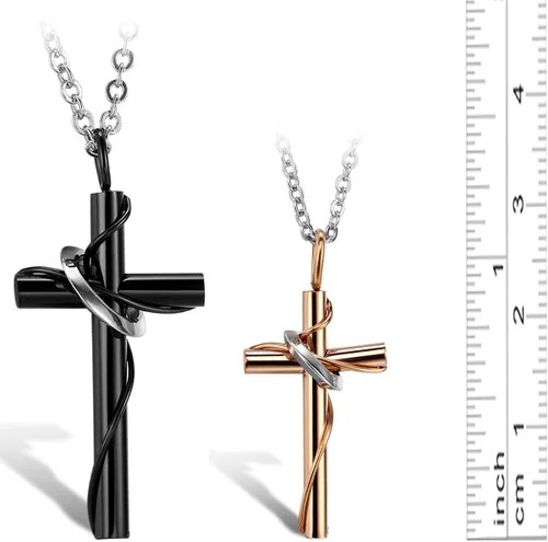Vista 6 de OIDEA 2 collares con colgante de cruz de acero inoxidable para él y ella, color negro, dorado, plateado