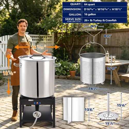Vista 2 de ARC - Olla grande de acero inoxidable de 64 cuartos de galón para caldera de mariscos con cesta y estante de vapor, olla de cocina al aire libre