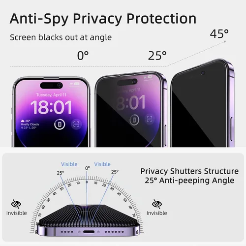 Vista 5 de Protector de pantalla de privacidad Ruwa para iPhone 14 Pro Max [Pack de 3] [17 cm] Película de vidrio templado para pantalla con marco