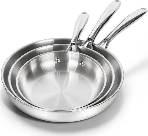 Vista 9 de MICHELANGELO Juego de sartenes de acero inoxidable, 8" 9.5" 11" sartén de inducción, sartenes de cocina de base triple con mango ergonómico