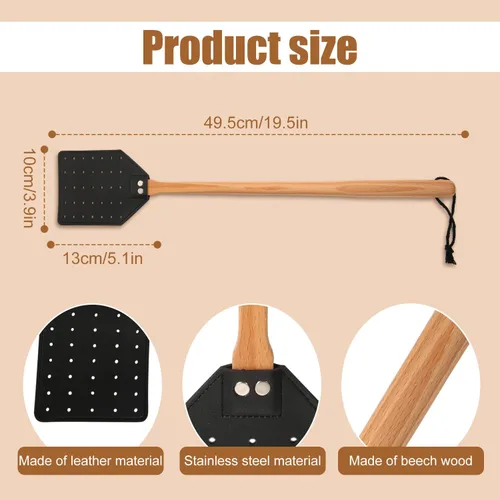 Vista 2 de PEUTIER 2 matamoscas de cuero, 19.5 pulgadas de largo, resistente matamoscas manual con mango de madera para interiores y exteriores (negro, marrón)