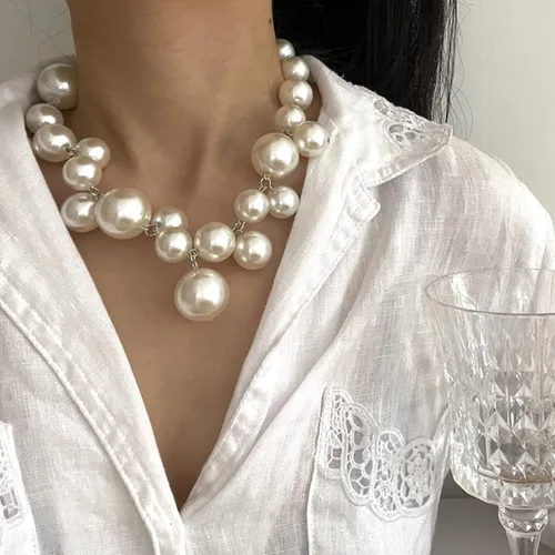 Vista 7 de Collar de perlas para mujer, collar de perlas gruesas, collar de perlas grandes, collar de perlas exageradas, regalo de joyería para niñas
