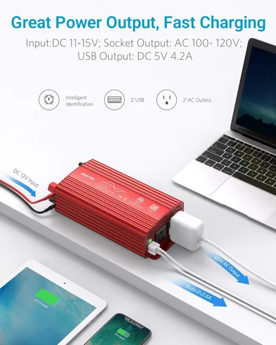Vista 3 de BESTEK Inversor de corriente de onda sinusoidal pura de 500 W, CC 12 V a CA (2 tomas), cargador de coche de 110 V, convertidor de adaptador de 1 Rojo