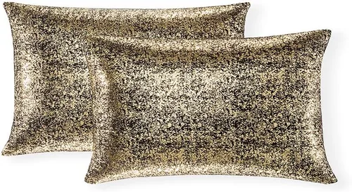 Vista 24 de Xinrjojo Juego de 2 almohadas brillantes en negro y dorado, almohadas suaves y brillantes decorativas, juego de fundas de almohada cuadradas negras
