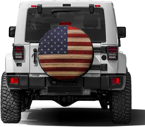 Vista 2 de Cubierta de neumático de repuesto de madera recuperada con bandera estadounidense, impermeable, a prueba de polvo, apta para Jeep, remolque, RV, SUV
