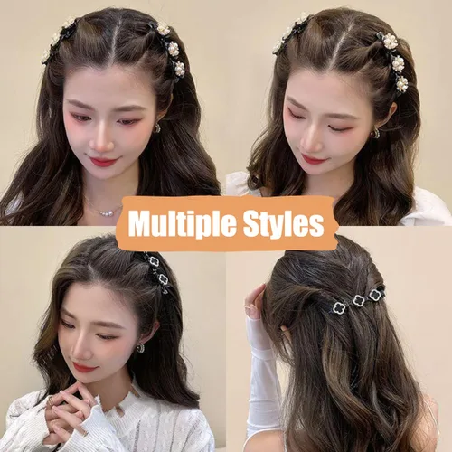 Vista 3 de Juego de accesorios para el cabello trenzado de piedra de cristal brillante, bandas de tela de satén, horquillas de trébol de hojas, clips de perlas