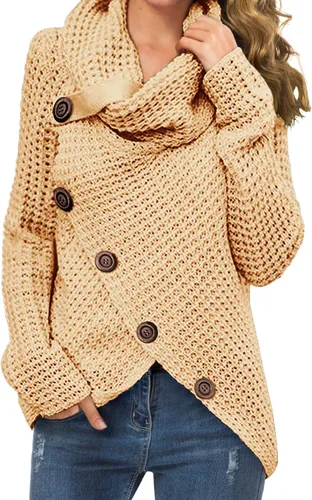 Vista 29 de GRECERELLE - Suéteres de cuello alto con cuello grueso, manga larga, dobladillo asimétrico, sueltos, de punto, para mujer, de otoño, S-2XL 02 negro