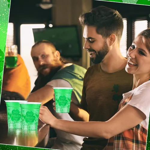 Vista 6 de Aoriher 100 tazas de trébol del día de San Patricio de 12 onzas desechables de plástico para feliz día de San Patricio, tazas verdes transparentes