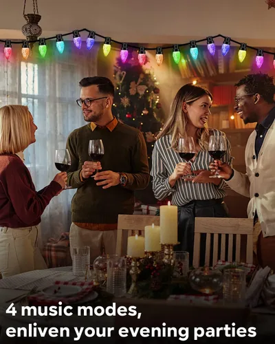 Vista 5 de Luces de Navidad dinámicas C9 para exteriores, 33 pies, 50 LED inteligentes RGB, control remoto por aplicación, conectable, impermeable, música