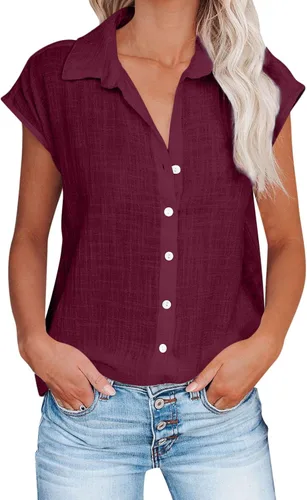 Vista 57 de Ceboyel Camisas para mujer de moda de verano, algodón, lino, manga corta, cuello con botones, blusa casual para mujer 2023