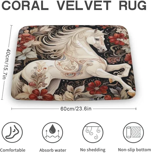 Vista 3 de Alfombra de baño de flores de caballo blanco, regalos de caballo para niñas, alfombra de baño de terciopelo antideslizante, tapete de ducha de felpa