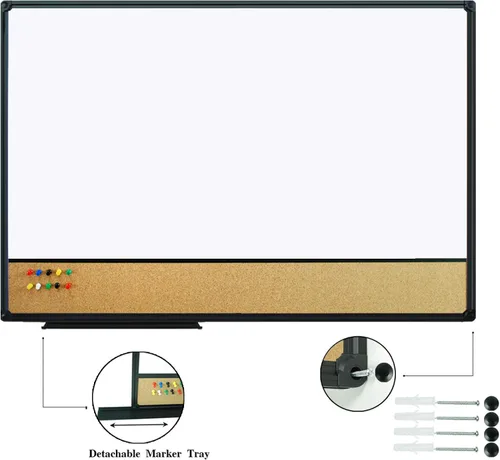 Vista 2 de JILoffice - Pizarrón blanco y corcho combinado para anuncios, tablero combinado 36 x 24 pulgadas, pizarrón magnético, marco de aluminio negro