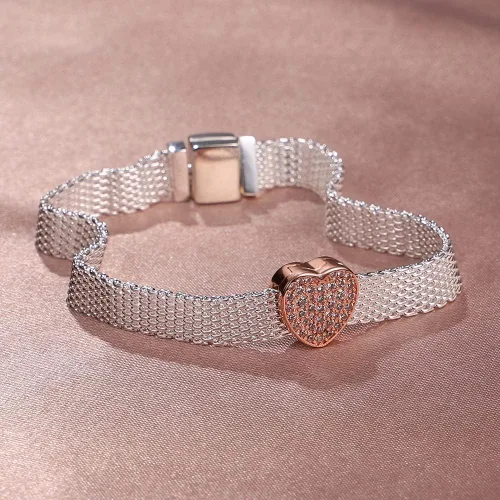 Vista 2 de KUNSIR Abalorio de plata de ley 925 con clip para reflejos, pulsera de malla, se adapta a pulseras planas, regalo para mujeres (forma de corazón)