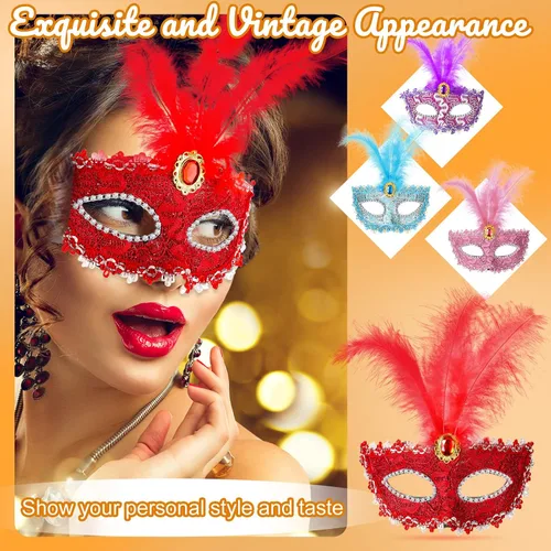 Vista 4 de CHENGU 6 máscaras de máscaras para mujeres y niñas, disfraz de Halloween, máscara de encaje colorida para mujeres y niñas, suministros de fiesta