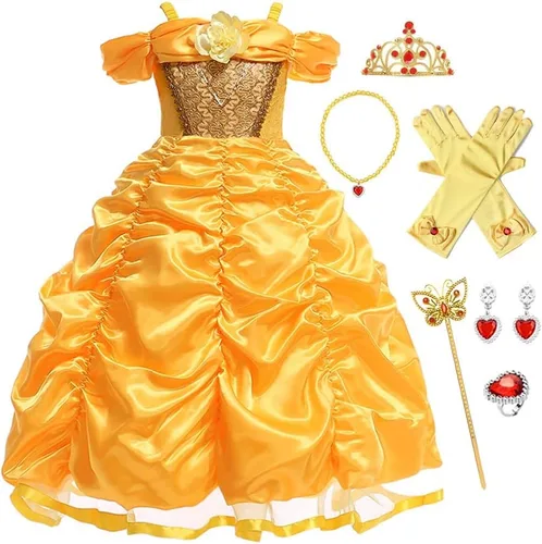 Vista 58 de FMYFWY Disfraz de princesa de Bella para niñas, disfraz de belleza y bestia, Halloween, Navidad, boda, cumpleaños (accesorios)