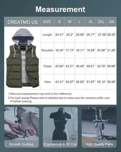 Vista 49 de CREATMO US Chaleco cálido para mujer, chaleco grueso acolchado sin mangas con capucha desmontable