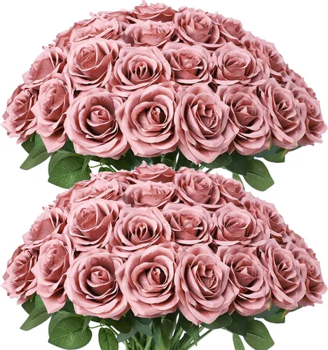 Vista 21 de Flores artificiales de rosa, rosas artificiales, rosas de seda, rosas falsas de aspecto real con tallos para manualidades, ramos de boda, centros