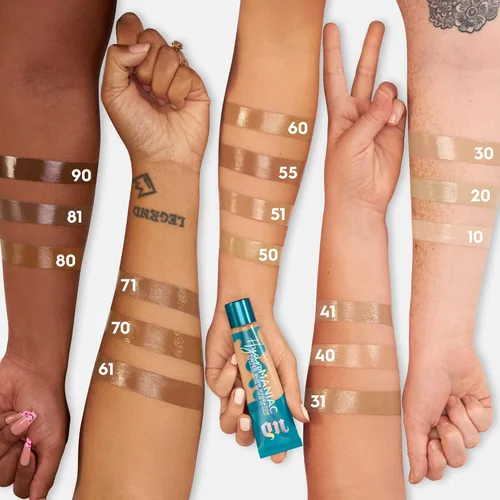 Vista 2 de Urban Decay Hydromaniac Dewy Foundation, Hidratante con color para piel seca, cobertura media construible, con filtrado de kombucha y aceite