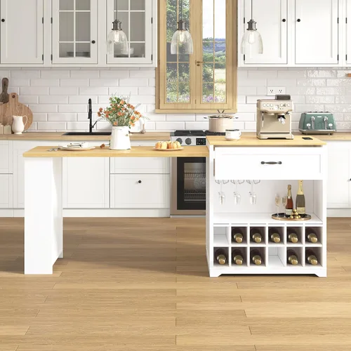 Vista 17 de RUNNA Isla de cocina acanalada de 82.6 pulgadas con mesa de comedor extensible para 4-6, mesa de isla para cocina con toma de corriente, mesa