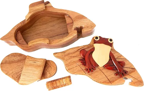 Vista 3 de Frog on Lily Pad - Caja de rompecabezas de madera natural de Intarsia - Hecho a mano con compartimento secreto