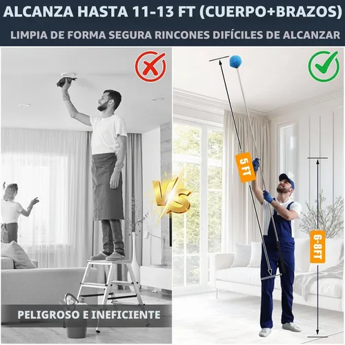 Vista 3 de Plumero de telaraña con poste de extensión de 5 pies, mango de acero inoxidable ajustable y cerdas rígidas, cepillo ligero para limpieza en Plateado