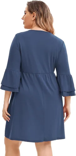 Vista 6 de KOJOOIN Vestido tipo túnica casual para mujer, talla grande, cuello en V, holgado, manga 34, con volantes, bohemio, vestido midi con bolsillos