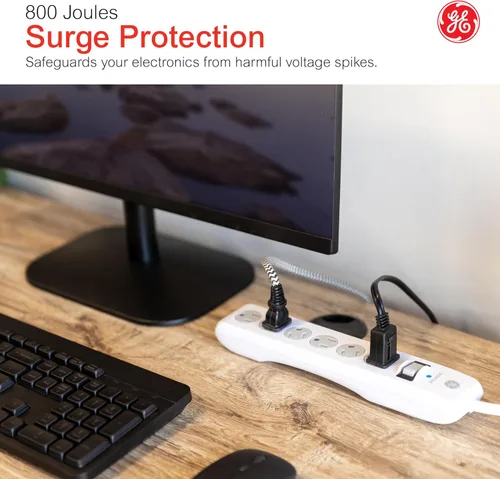 Vista 5 de GE Protector contra Sobretensiones con Regleta de Enchufes, Cable de Extensión de 4 Pies, Extensor de 6 Tomas, 800 Julios, Enchufe Plano, Cubiertas