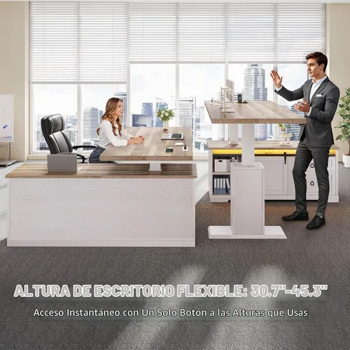 Vista 5 de YITAHOME - Escritorio de pie en forma de L con tomas de corriente y luces LED, 63" Escritorio eléctrico de granja ajustable en altura, estación