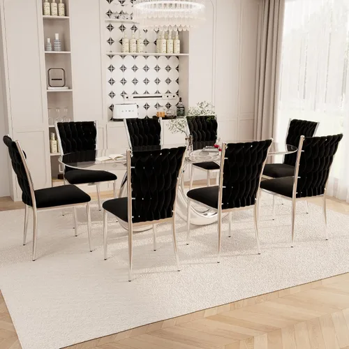 Vista 12 de Juego de 2 sillas de comedor de terciopelo, modernas sillas de cocina tejidas con patas de metal dorado, cojín tapizado con respaldo alto