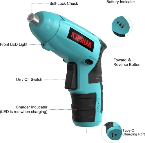 Vista 2 de Kiprim ES3 - Destornillador eléctrico pequeño de 4 V, herramienta de destornillador inalámbrico con batería recargable, luz frontal LED y luz