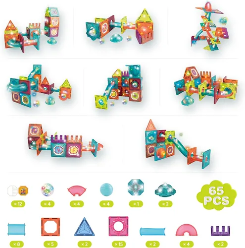 Vista 4 de Contixo Juguetes de construcción STEM – Juego de 65 piezas de azulejos magnéticos de mármol 3D para aprendizaje, apilables, juego de bloques