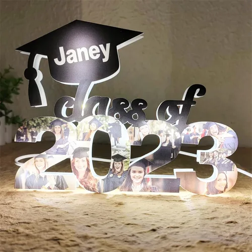 Vista 5 de Luces de pared personalizadas para collage de fotos de 1 a 10 años, gorra de graduación, luz acrílica, decoraciones de temporada de graduación
