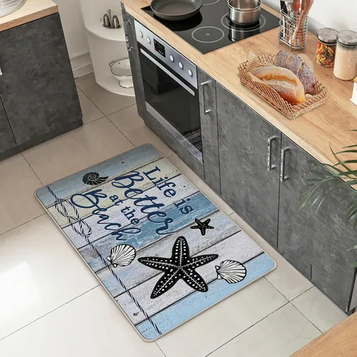 Vista 2 de La vida es mejor en la playa Alfombra de bienvenida para la puerta principal, tapete decorativo náutico con estrella de mar, alfombra antideslizante