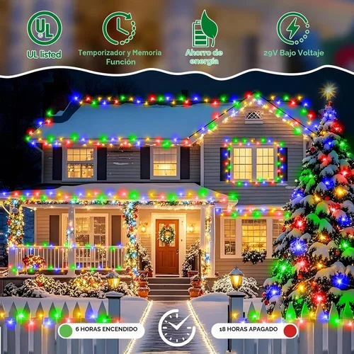 Vista 4 de Tira de luces de Navidad para exteriores, 403 pies con 1000 luces LED, 8 modos y función de temporizador con memoria, luces de hada centelleantes