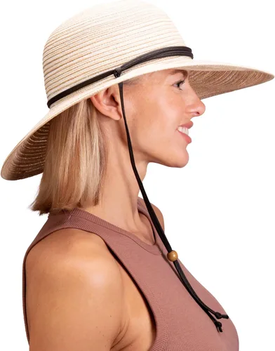 Vista 4 de Sloggers Sombrero de sol trenzado de ala ancha para mujer con cordón de viento, protección solar máxima UPF 50+ Piedra