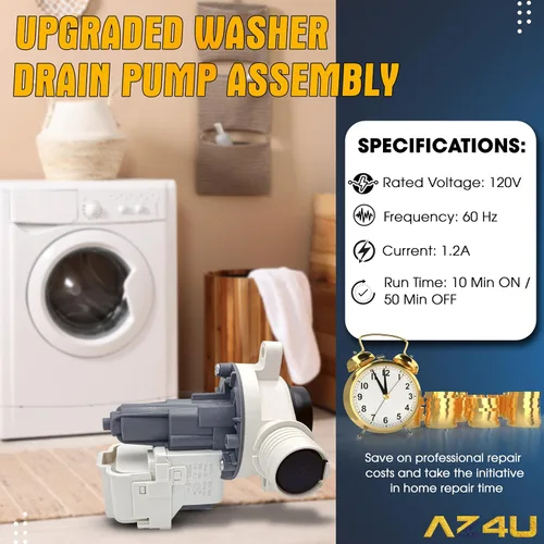 Vista 6 de AZ4U Actualización WTW5057LW0 WTW5010LW0 WTW5000DW3 WTW5105HW2 WTW5100HW1 Bomba de drenaje para lavadora Whirlpool, W11399437 W11259498 B25-3A04