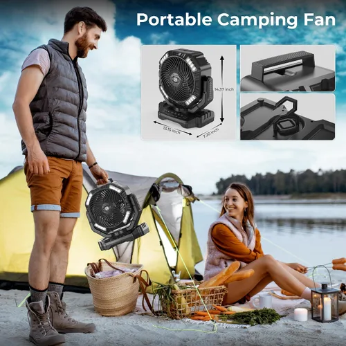 Vista 7 de 68HRS - Ventilador de campamento para correr con luz, batería recargable de 20000 mAh, potentes 4 velocidades y oscilación automática, temporizador