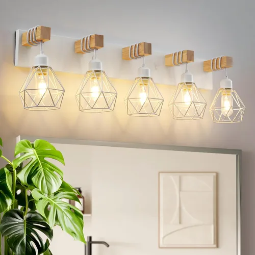 Vista 14 de Lámpara de tocador estilo casa de campo para baño, luminarias de tocador de baño de 2 luces negra dorada de madera sobre espejo, apliques rústicos
