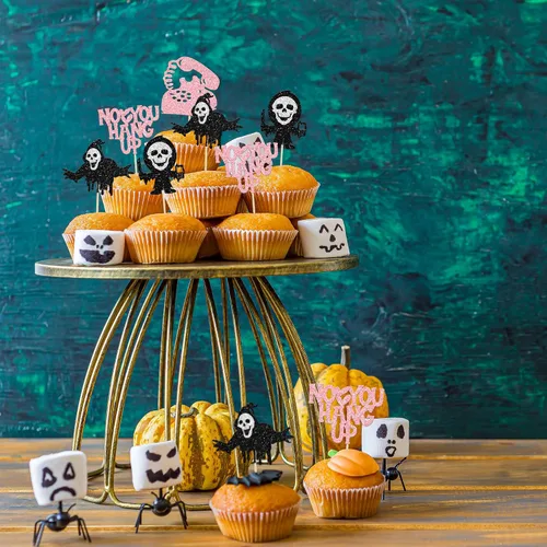 Vista 5 de Gyufise 24 piezas de decoración de cupcakes de película de terror con purpurina para teléfono con purpurina para teléfono sin que cuelgues asesino