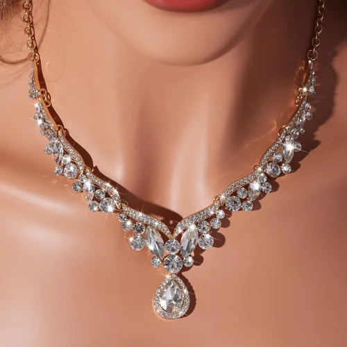 Vista 2 de uqvn Collar y aretes de plata dorada, juego de regalo de joyería para novia, mamá, esposa, abuela, mujer, en boda, fiesta de cumpleaños, juego