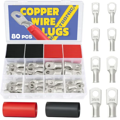 Vista 9 de Haisstronica Kit de 60 lengüetas de alambre de cobre (AWG 8 6 4), extremo de cable de batería resistente, conectores de crimpado de cobre desnudo