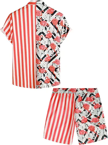 Vista 2 de VATPAVE Conjuntos hawaianos de flamenco para hombre camisas casuales de manga corta con botones trajes de verano