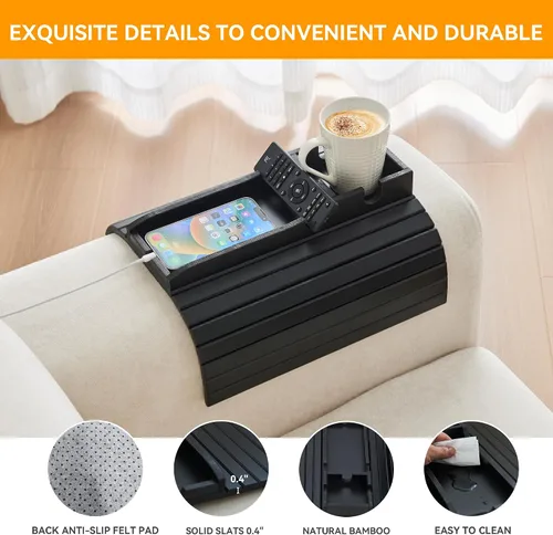 Vista 4 de GEHE Soporte para tazas de sofá de bambú, bandeja de brazo de sofá antiderrames, natural y fácil de limpiar, bandeja para reposabrazos perfecta