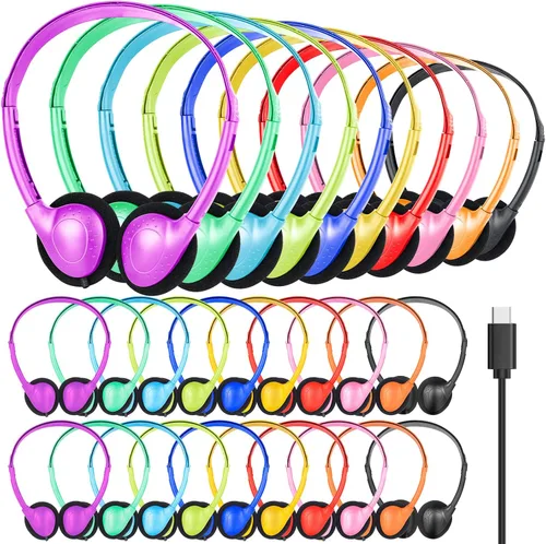 Vista 11 de Paquete de 10 auriculares USB tipo C a granel para el aula, niños y escuelas, con cable