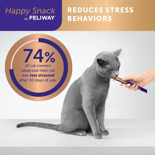 Vista 6 de Happy Snack de FELIWAY®, Golosinas lamibles y exprimibles en puréa para gatos para una rutina diaria de calma, hechas con pollo real, paquete de 12