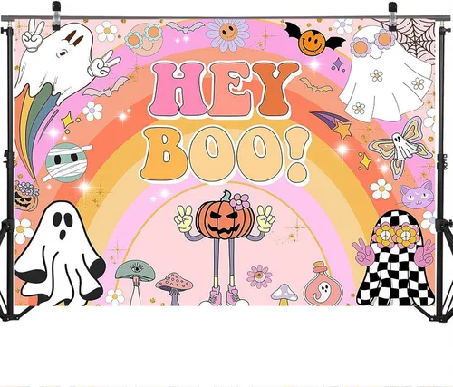 Vista 3 de Mocsicka Hey Boo - Telón de fondo Groovy Rainbow para Halloween, decoración de fiesta de baby shower, fondo lindo de calabazas de Halloween, baby