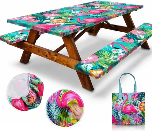 Vista 17 de RNOONY Cubierta de Mesa de Picnic de Vinilo Ajustable con Fundas de Banco y Bolsa, Mantel de 6 pies para Exteriores Impermeable y Resistente al