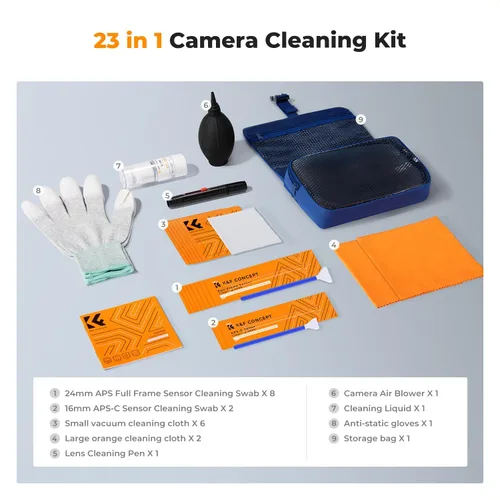 Vista 2 de K&F Concept Kit profesional de limpieza de cámara: limpiador de sensores, hisopos APS-C y de fotograma completo, soplador de aire, cepillo