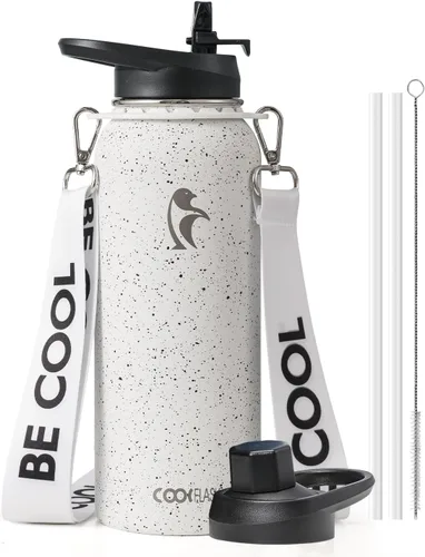 Vista 16 de Botella de agua Coolflask de 40 onzas con correa, botella de agua metálica aislada con popote y tapas con pico, acero inoxidable de doble pared al